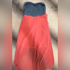Gold Drama Denim Chiffon Coral Pink Colorblock High Low Tube Dress Medium M (A6)